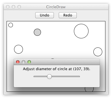 A frame with the title "CircleDraw", containing a button labelled "Undo", another button labelled "Redo", a canvas with multiple circles of various sizes one of which is colored gray, and an overlapping frame containing a slider for adjusting the diameter of the selected circle.