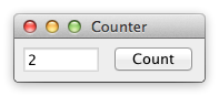 A frame with the title "Counter", containing a textfield with the number "2" and a button labelled "Count".