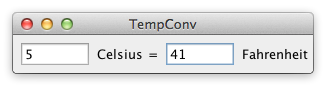 A frame with the title "TempConv", containing two textfields. The textfield on the left contains the number "5" and has the "Celsius" label to its right. The textfield on the right contains the number "41" and has the "Fahrenheit" label to its right.
