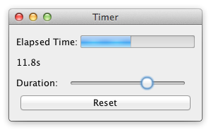 A frame with the title "Timer", containing a guage for the elapsed time, a label which shows the elapsed time as a numerical value, a slider to adjust the duration of the timer, and a button labelled "Reset".